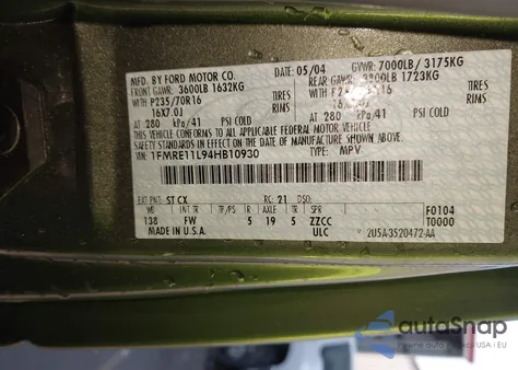 2004 Ford E-150 Chateau/Xl/Xlt from USA, damaged, VIN 1FMRE11L94HB10930